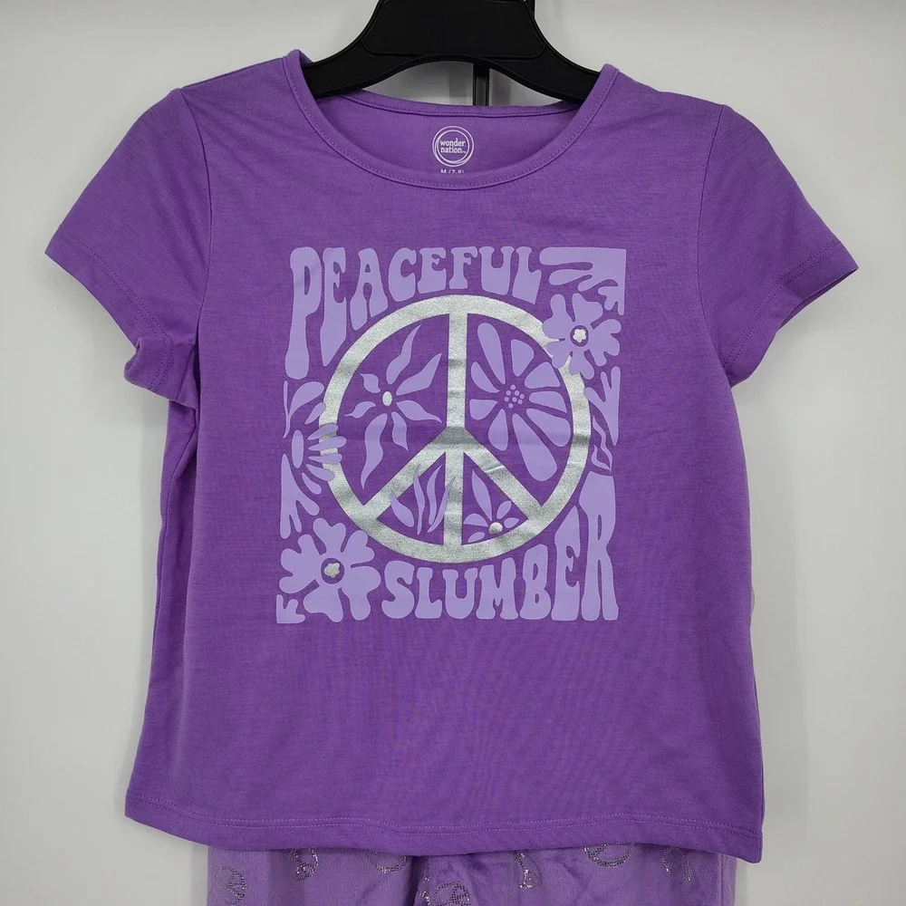 NWT Wonder Nation‎ Kids Girls Pajama Pants Set Size Medium 7-8 Purple Peace Sign